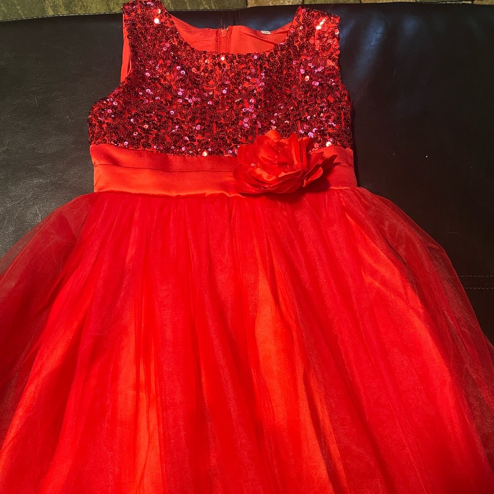Girls Red Sequin Tulle Party Dress with Flower Waist, good condition